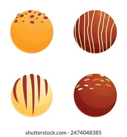 Vector illustration of four different styled chocolate truffles, perfect for dessert menus or food blogs