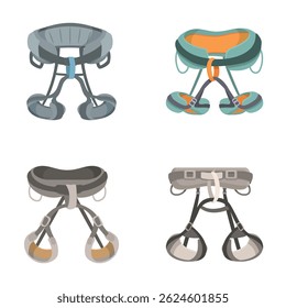 Ilustração vetorial de quatro estilos diferentes de arreios de escalada, isolados em um fundo branco