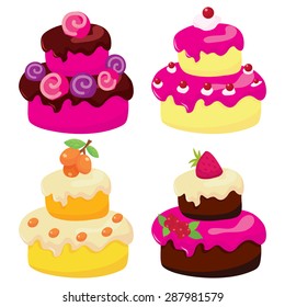 A vector illustration of four different types of two tier cakes. They make great birthday or wedding cakes.