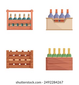 Ilustración vectorial de cuatro cajas de madera diferentes con botellas