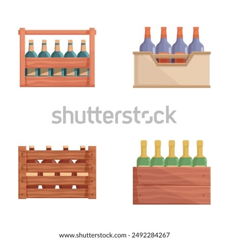 Vector illustration of four different wooden wine crates with bottles