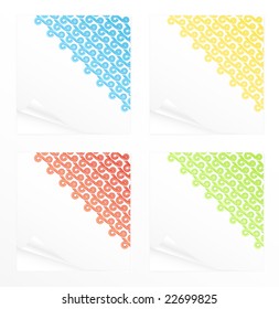 Vector illustration of four differently colored beautiful cute note paper reminders with abstract curly ribbons corners.
