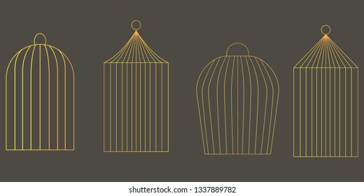 A vector illustration of four differently shaped gold cages for birds or pets arranged in a row on a gentle gray background.