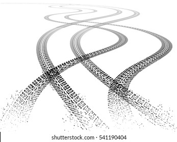 Vector illustration of four dirty grunge Tire tracks fading into the horizon