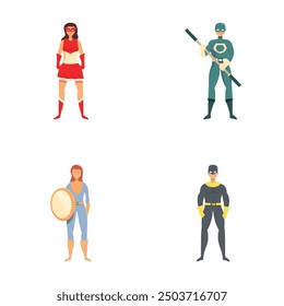 Vector illustration of four distinct superheroes in dynamic poses, showcasing diversity