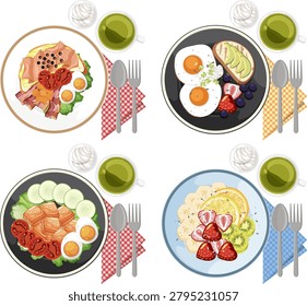 Vector illustration of four diverse breakfast plates, vibrant colors, overhead view, clean composition