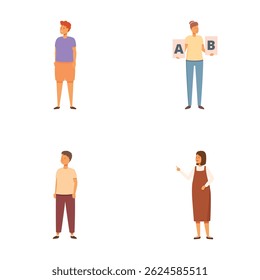 Ilustração vetorial de quatro indivíduos diversos do desenho animado, incluindo uma pessoa segurando sinais