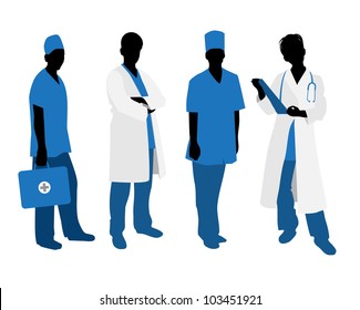 Vector illustration  of a four doctors silhouettes on white