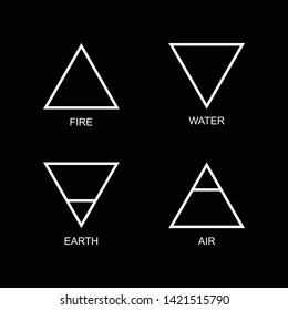 Vector illustration of four elements: air, earth, fire and water with titles on a black background. Wiccan divination, ancient occult symbols, geometry. Mystical sense. Alchemy icons. Pictograph 