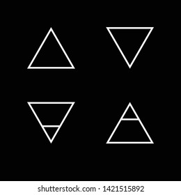 Vector illustration of four elements: air, earth, fire and water on a black background. Wiccan divination, ancient occult symbols, geometry. Mystical sense. Alchemy icons. Pictograph 