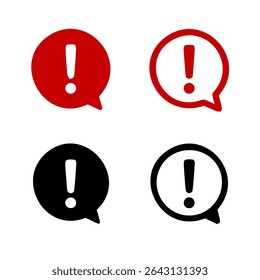 Vector illustration of four exclamation mark icons inside speech bubbles, designed in a clean, modern flat style with two distinct color variations: red and dark gray