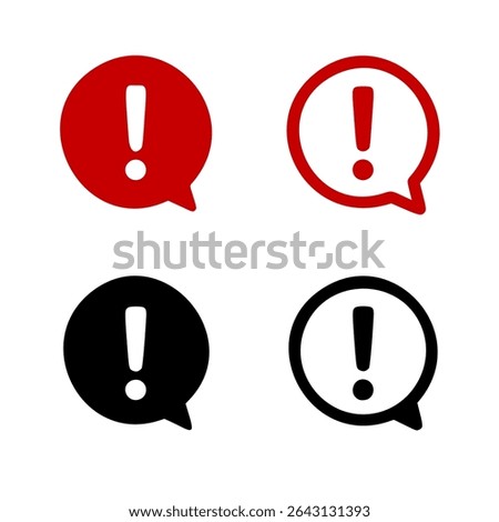Vector illustration of four exclamation mark icons inside speech bubbles, designed in a clean, modern flat style with two distinct color variations: red and dark gray