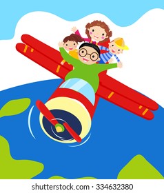 Vector illustration of four family members in an airplane.