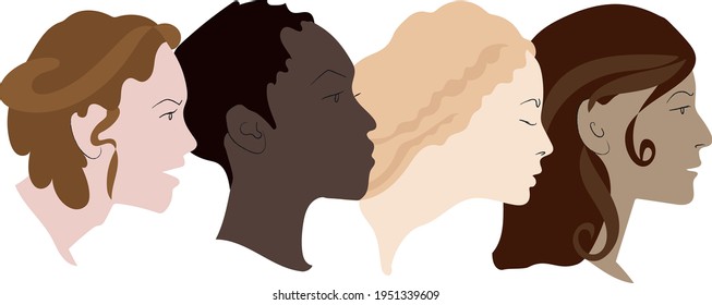 Vector illustration. Four female profiles. Ladies of different nationalities.