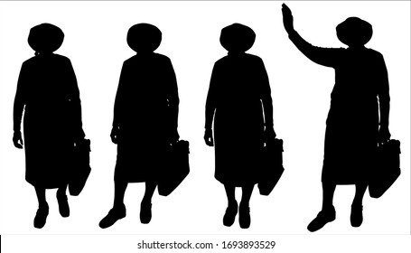 Vector illustration of four female silhouettes. Business lady with a case and a hat. Woman greets with raised hand. Working pensioner. Grandmother in a hat with other grandmother. Teamwork. Retirement