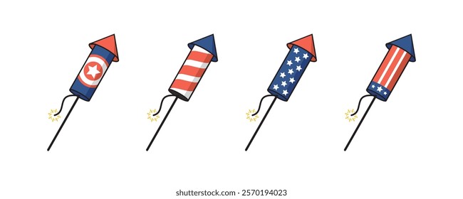 Vector illustration of four festive fireworks rockets with patriotic designs, featuring stars, stripes, and vibrant red, white, and blue colors.
