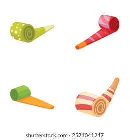 Vector illustration of four festive party blowers in various colors and patterns