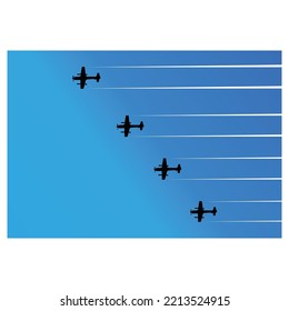 vector illustration of four fighter planes crossing the blue sky emitting white gas clouds