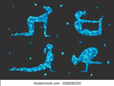 Vector illustration of four figures of a sport girl silhouettes made from an abstract pattern of blue diamond and a square doing yoga exercises in different poses on a black background isolate