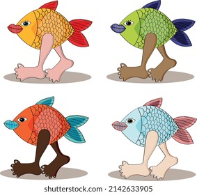 vector illustration of four fish walking on human legs with different skin color