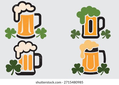 Ilustração vetorial de quatro canecas de cerveja espumosas decoradas com trevos de trevo verde em um fundo cinza claro. Design plano rústico e texturizado ideal para cartões de Dia de São Patrício, cartazes, promoções de bares, folhetos de festivais de cerveja, gráficos da web e decoração de feriados. Clipart temático irlandês festivo em laranja, verde e preto.