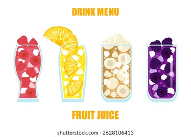 Vector illustration of four fruit drinks, raspberry, pineapple, longan and blackberry, with ice and fruit toppings in bright, fun, refreshing colors, perfect for a menu, coffee shop or summer design.