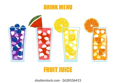 Vector illustration of four fruit drinks, blueberry, watermelon, lemon, and orange, with ice and fruit toppings in bright, fun, refreshing colors, perfect for a menu, cafe, or summer design.