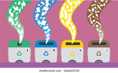 Vector illustration of four garbage recycling containers for glass, paper, plastic and organic waste. Bottles, papers, cans and food leftovers flow from the top to the opening of the container