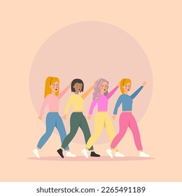 vector illustration of four girls, friends, arm in arm, marching for their rights
