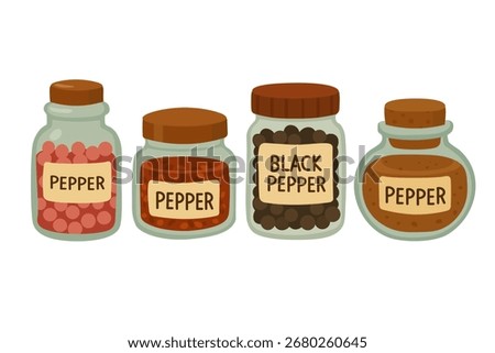 Vector illustration of four glass jars with different pepper spices and labels in flat cartoon style.