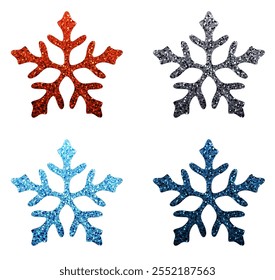 Vector illustration of four glittery snowflakes in red, silver, light blue, and dark blue on white background.