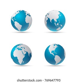 Vector illustration of four globe icons with smooth shadows and white map of the continents of the world