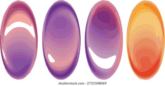 Ilustración vectorial de cuatro Formas ovaladas brillantes con sombreado degradado en tonos púrpura, rosa, naranja y amarillo