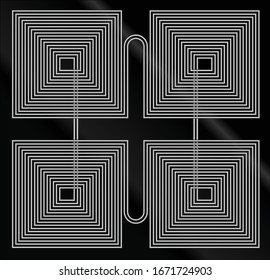 Vector illustration of four glowing white double square spirals connected each others on black background. Concept of continuity, sequence, balance and unity.