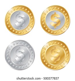 vector illustration of four gold and silver coins on white background. EPS