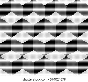 Vector illustration with four halftone patterns. Isometric Cubes Engraving Seamless Texture. Black Strokes Background. Vector Illustration.