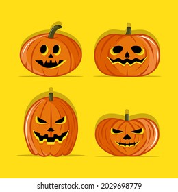 Vector illustration of four halloween pumpkins on yellow background. 31 October. Halloween party. Happy halloween.