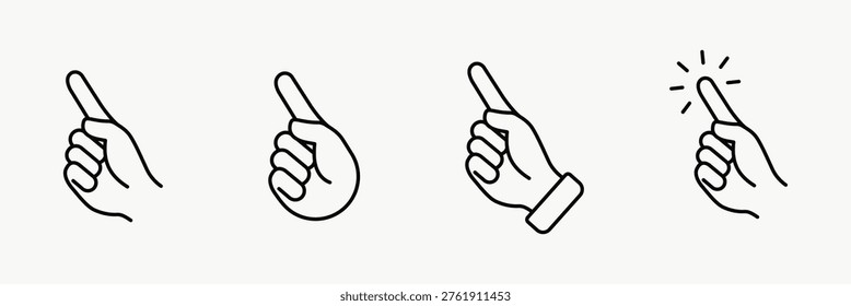 Vector illustration of four hand gestures in a minimalist style, depicting a pointing finger with variations, including one with an emphasized fingertip.