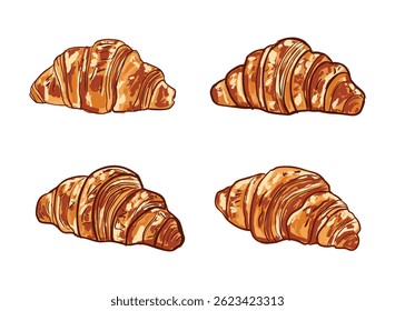 Vector illustration of four hand-drawn croissants, perfect for bakery branding, menus, or food packaging design.