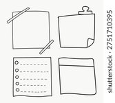 Vector illustration of four hand-drawn note designs: a sticky note, folder, lined paper, and a tabbed document, all in black outlines on white.