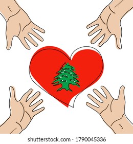 Vector illustration of four hands of corner in a square, a Cedar tree in heart, pray for Lebanon. design for humanity, peace, donations, charity and anti-war.