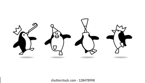 Vector Illustration of Four Happy Black Line Penguins Dancing at a Party