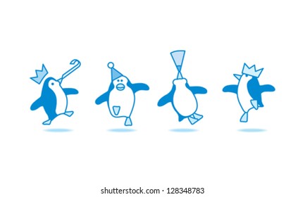 Vector Illustration of Four Happy Blue Penguins Dancing at a Party