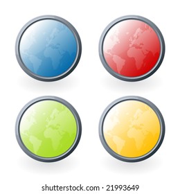 Vector illustration of four highly detailed glossy world map buttons or icons with light beautiful light reflections.