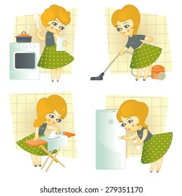 Vector illustration. Four images of housewives in retro style