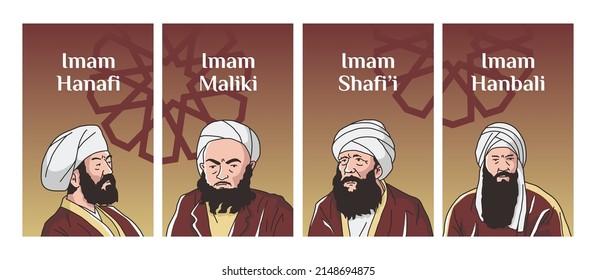 vector illustration of four Imams of Jurisprudence: Imam Abu Hanifa, Imam Malik, Imam Shafiee, Imam Ahmad ibn Hanbal