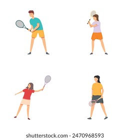 Vector illustration of four individuals in active tennis poses, isolated on white background