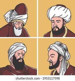 vector illustration of four Islamic scholars - Jalaluddin Rumi, Muhammad Al-Ghazali, Ibn Rushd, Ibn Sina, physician, theologian, philosopher, poet, medician