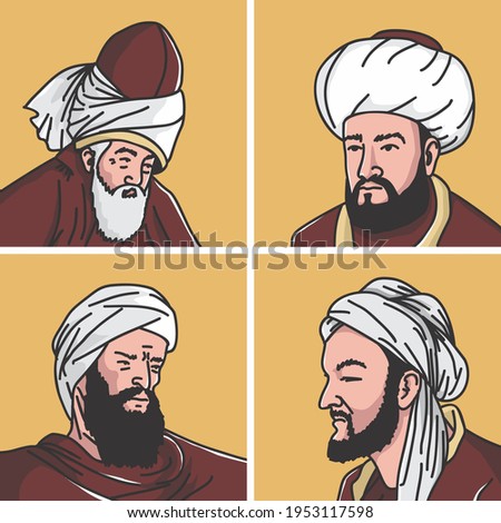 vector illustration of four Islamic scholars - Jalaluddin Rumi, Muhammad Al-Ghazali, Ibn Rushd, Ibn Sina, physician, theologian, philosopher, poet, medician