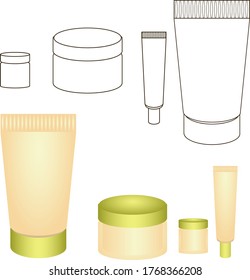 Vector illustration of four jars, packaging for cosmetics in two versions, drawn in a outline without filling and decorated in beige and green.